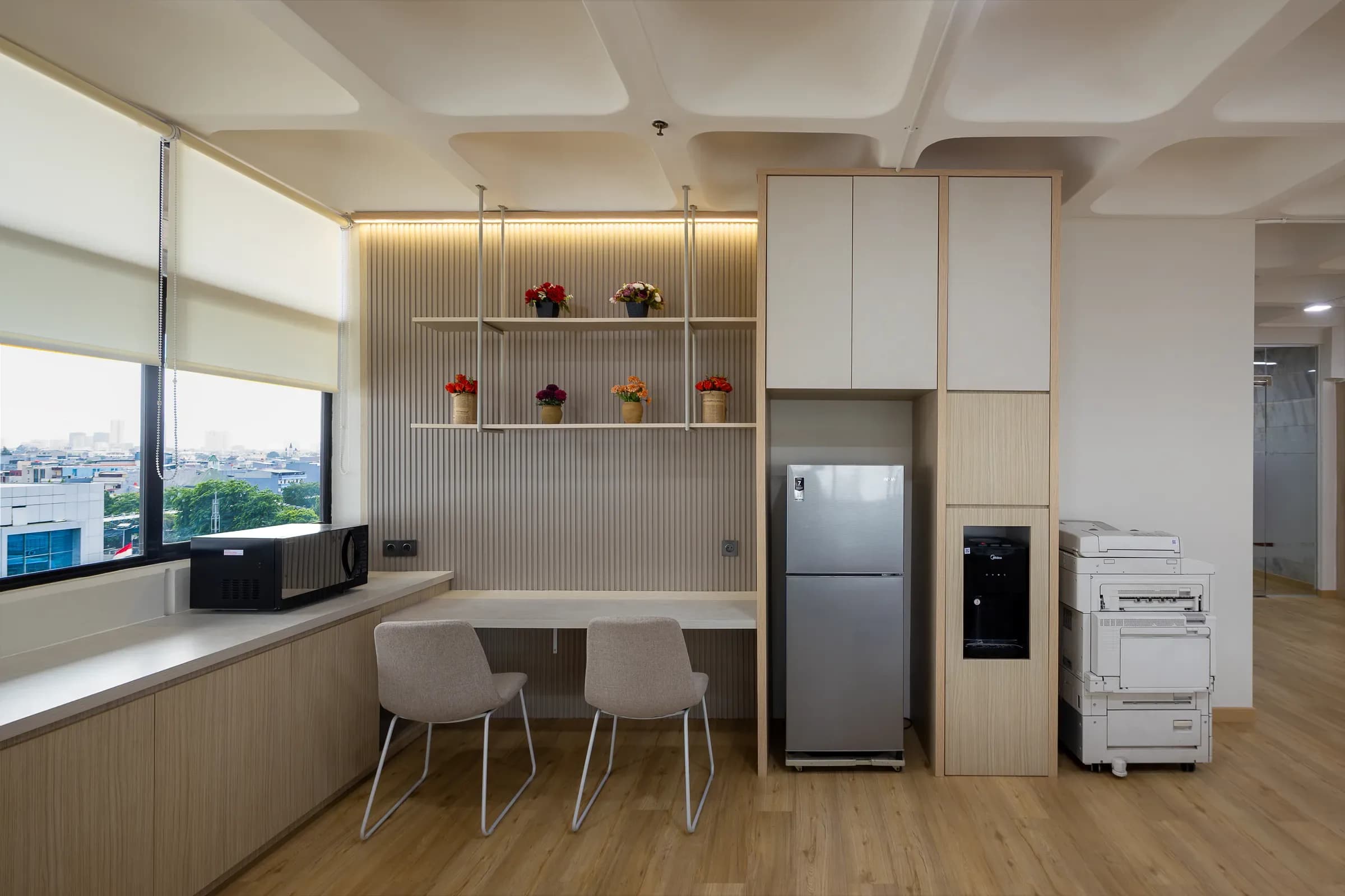 Pantry with open shelving and built-in cabinets