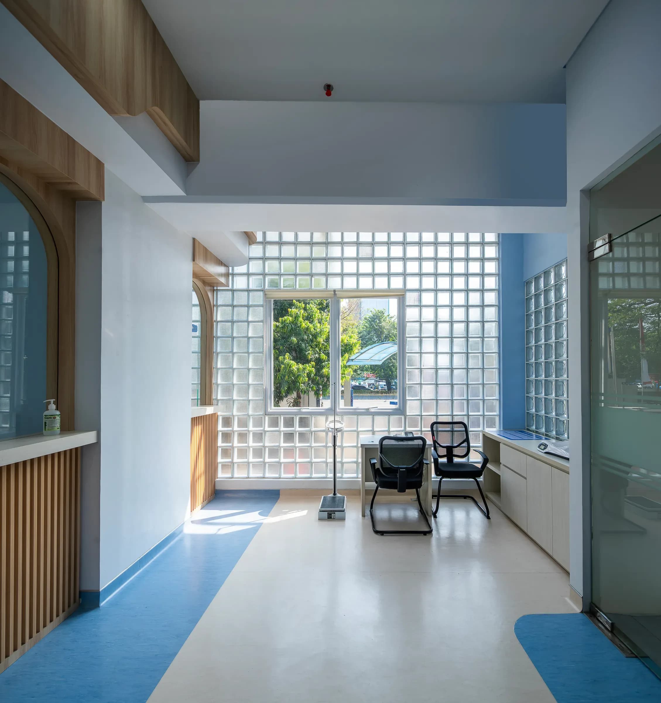 Interior lit through a glass block wall