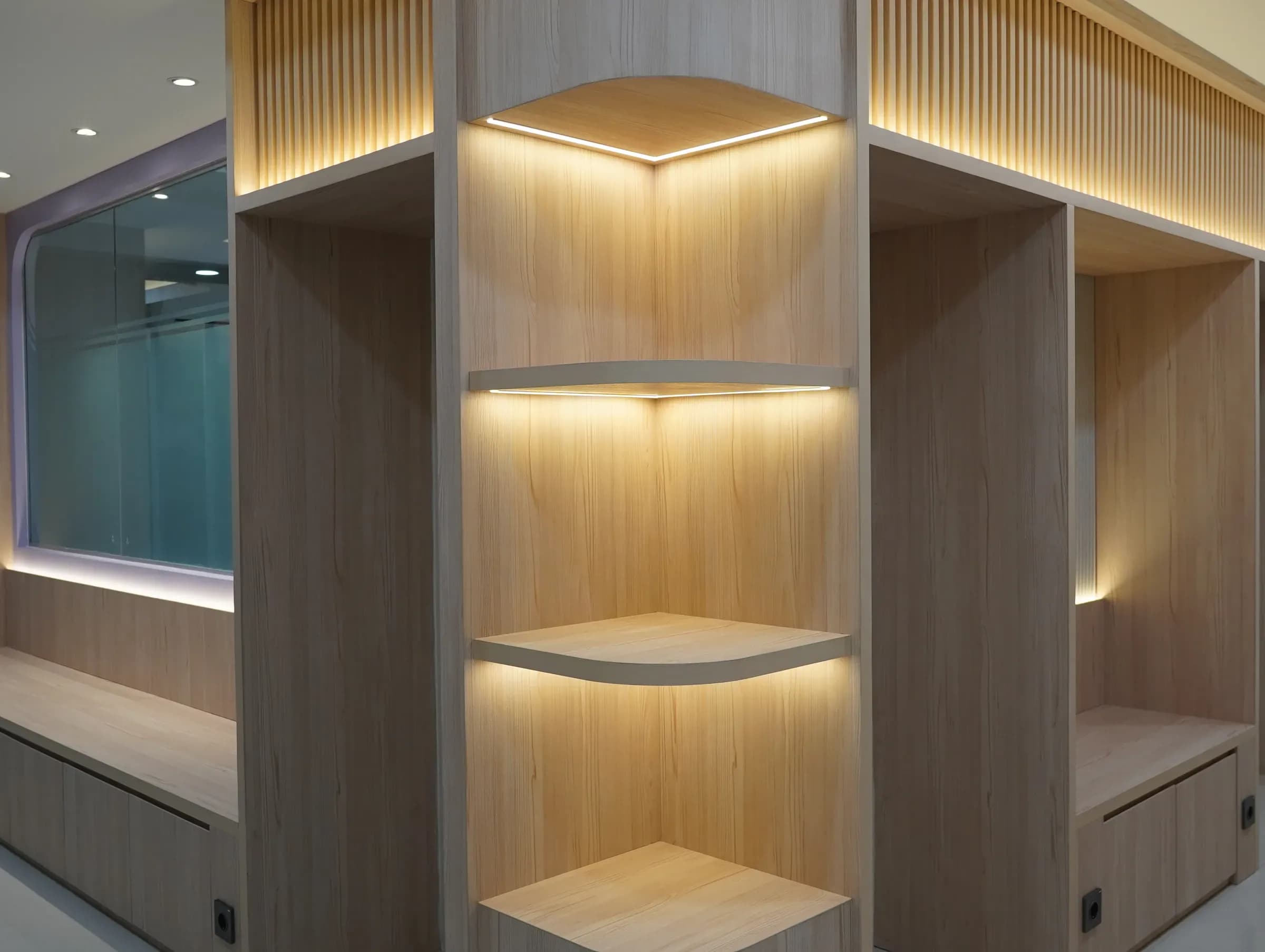 Corner shelving with built-in lighting